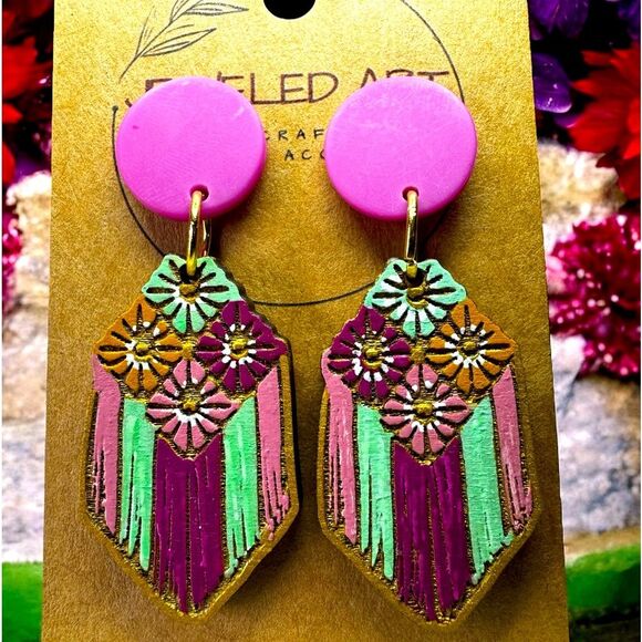 JEWELED ART Western Chic Floral Piñata Hand Painted Wood Earrings - Picture 1 of 3